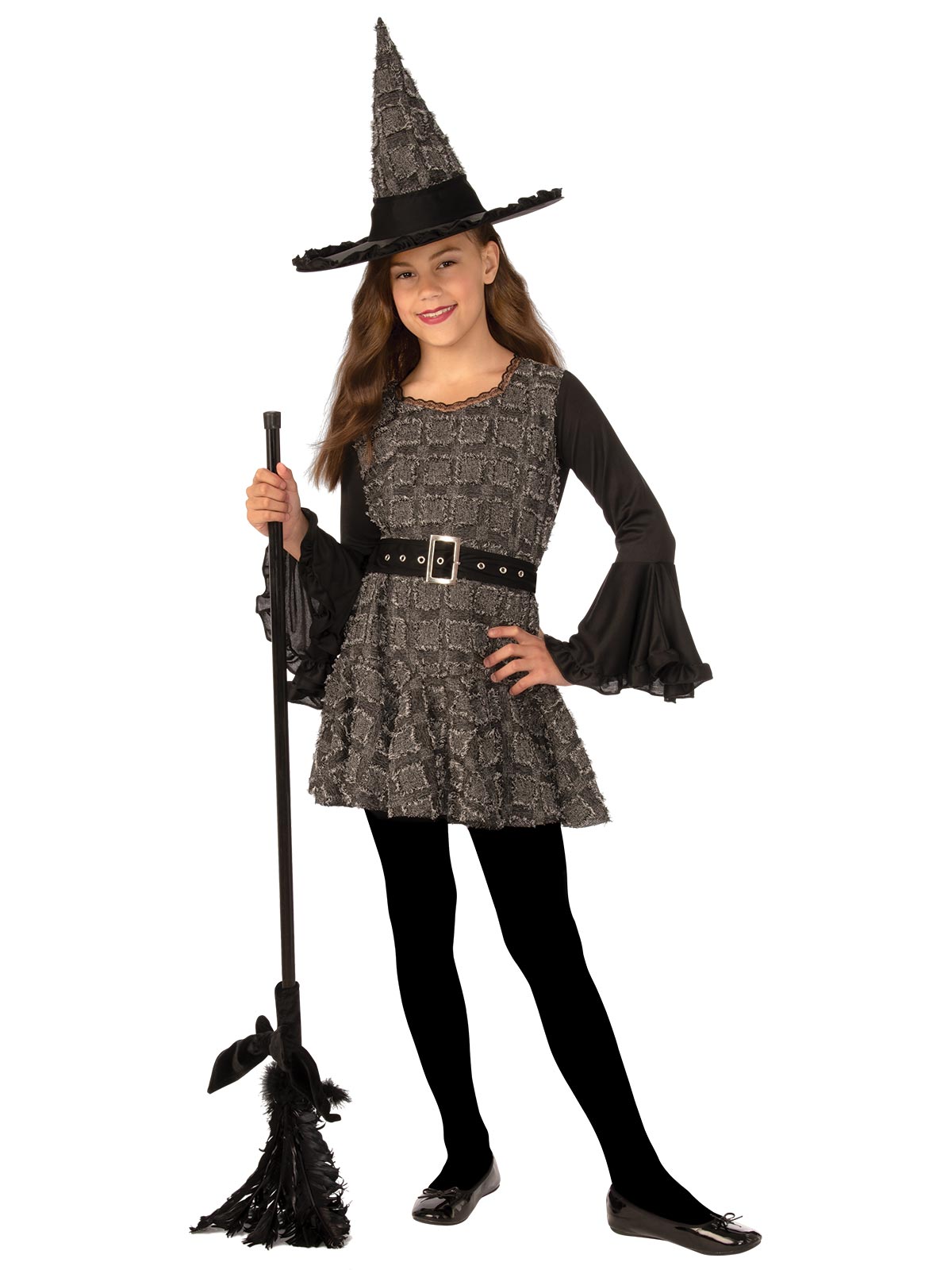 Girl in the Patchwork Witch mini dress in black and grey with trumpet sleeves, studded belt and pointed hat