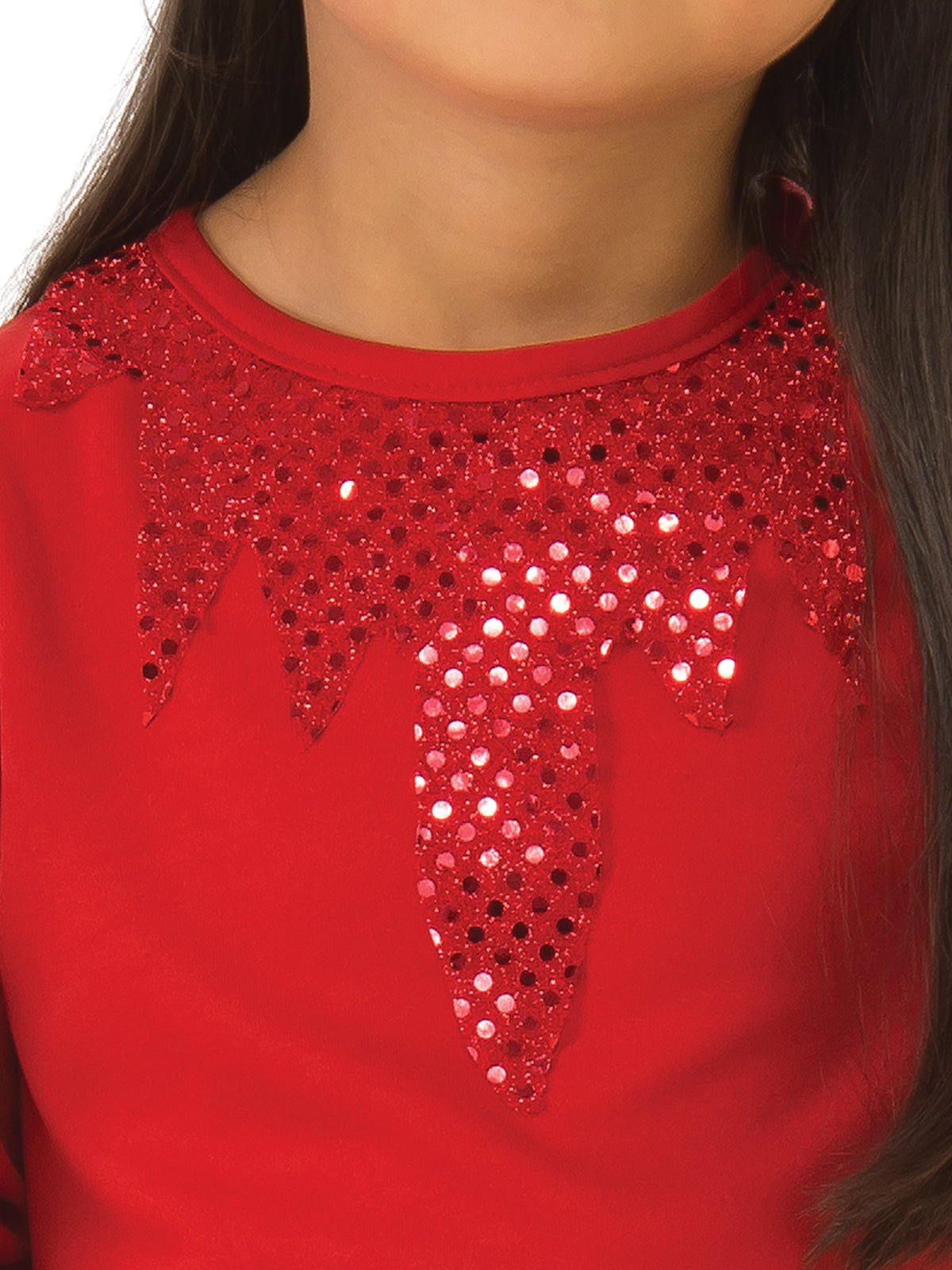 Close-up of the red devil dress's sequin collar detail