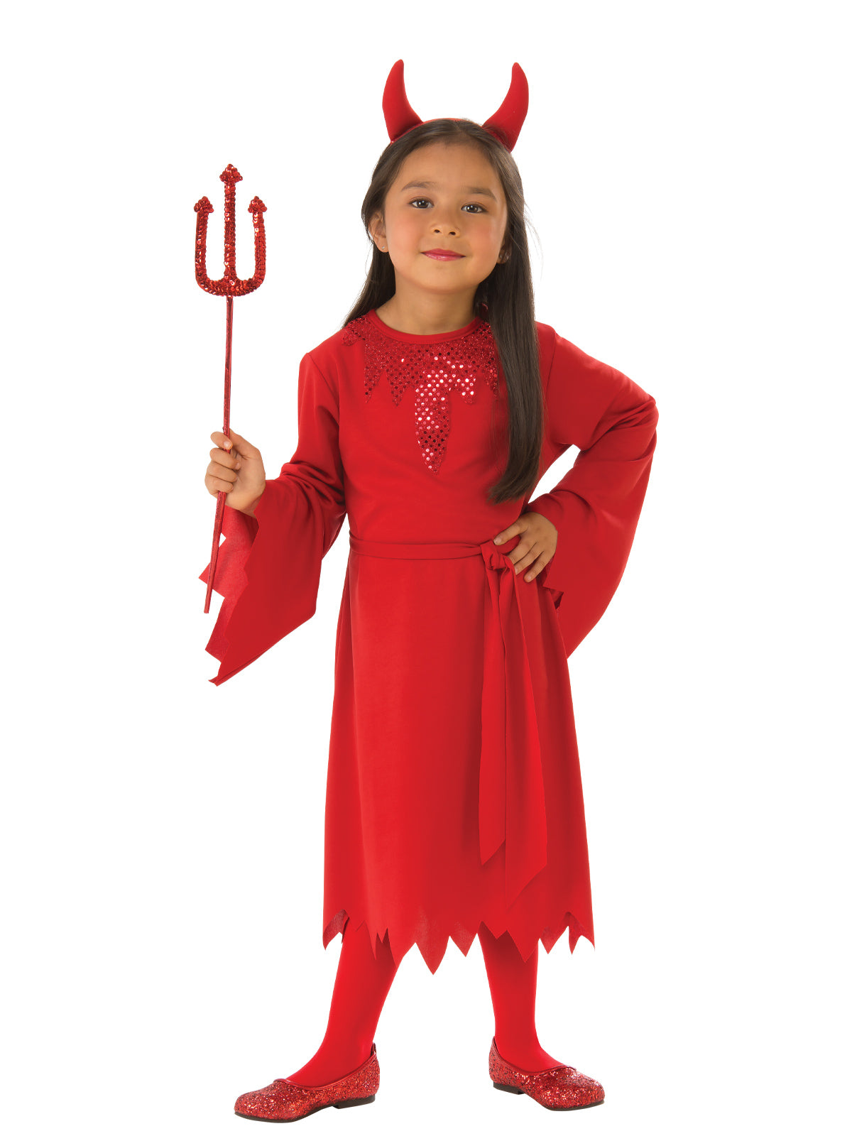 Girl wearing a red devil dress with jagged sleeves and hem, sequin collar, red sash and horn headband