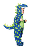 Toddler in blue and green spotted plush dinosaur jumpsuit with spiky hood and tail