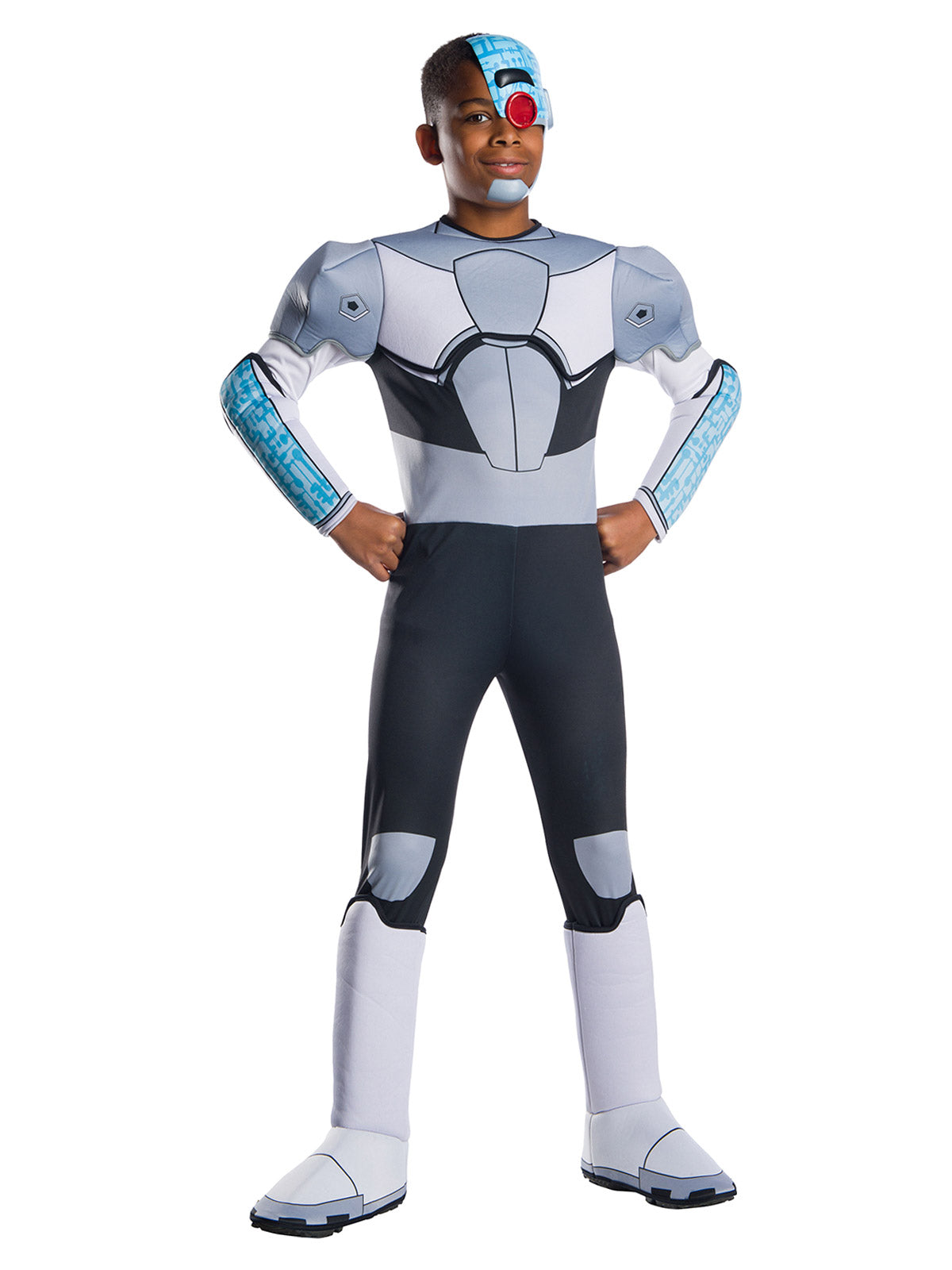 Boy in DC Cyborg deluxe jumpsuit with printed silver armour, shoulder pieces, boot covers and half mask