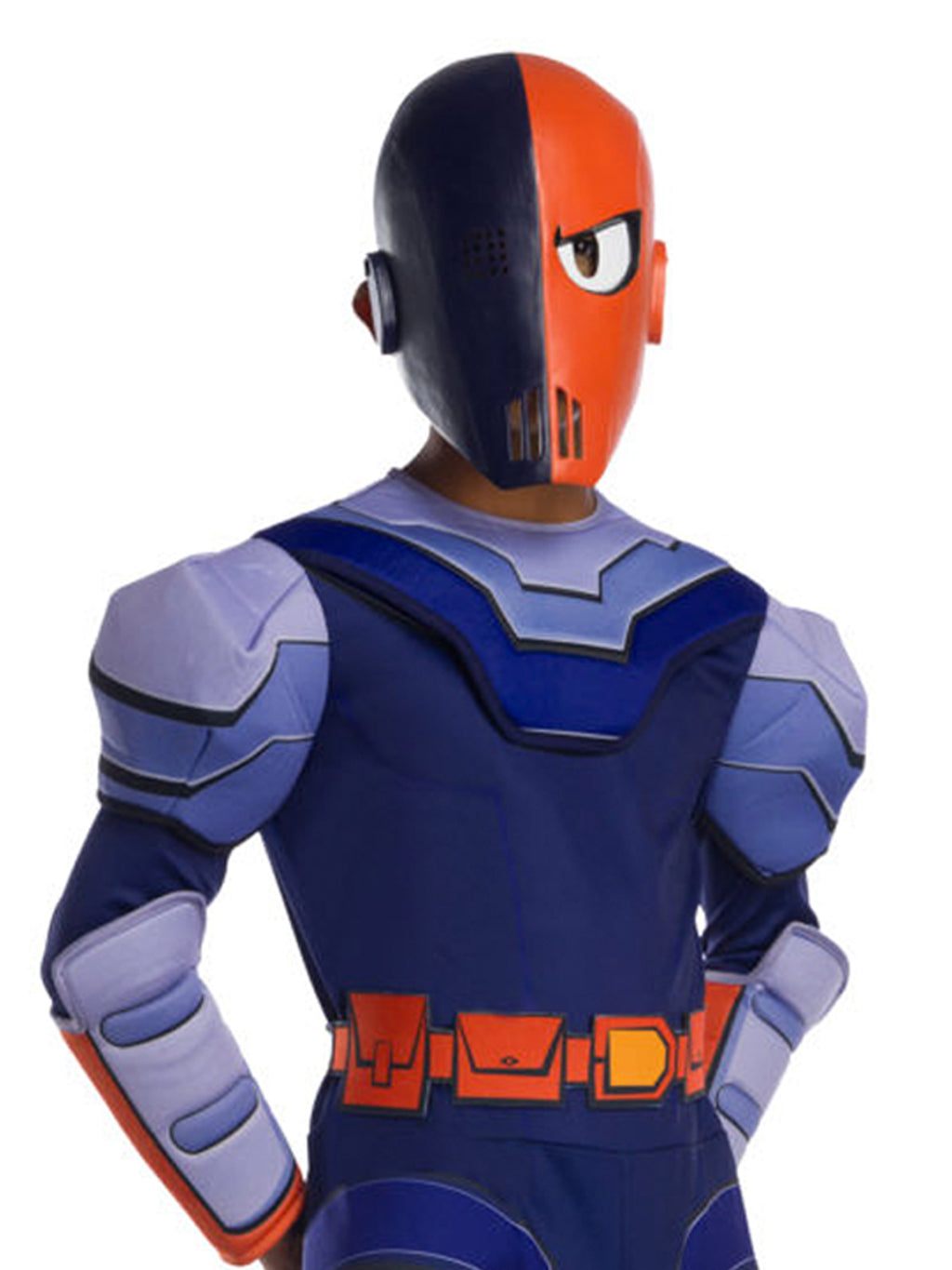 Close-up of the Slade orange and navy mask, 3D foam shoulder pieces and printed belt