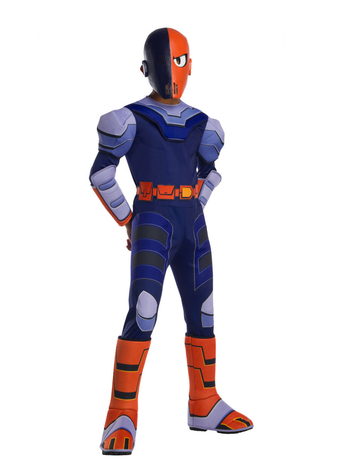 Boy wearing a Slade Teen Titans Go! padded jumpsuit with foam shoulder pieces, gauntlets, belt and two-tone mask