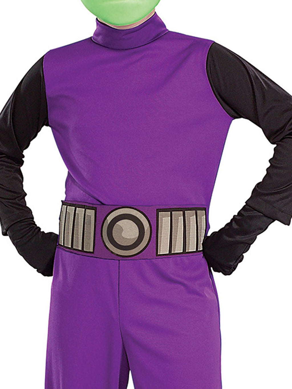 Close-up of the Beast Boy purple jumpsuit with black sleeves and grey printed belt