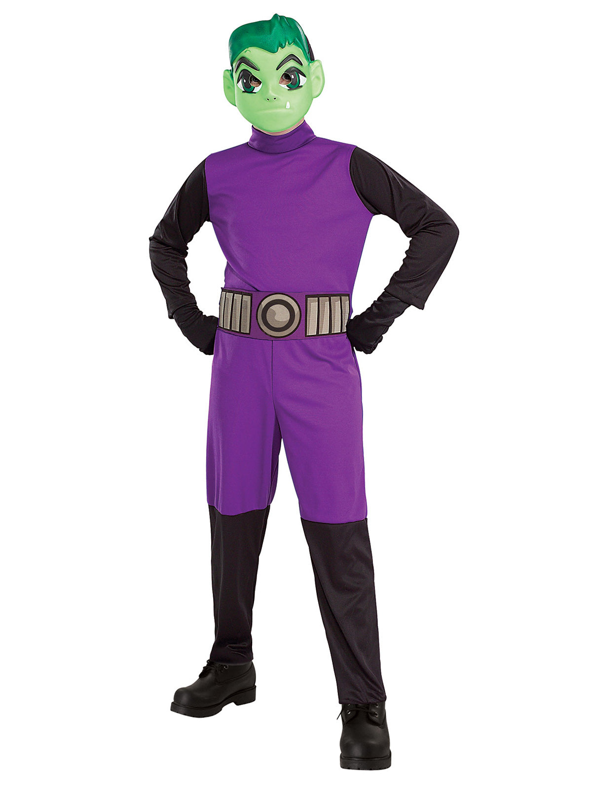 Boy in DC Beast Boy costume, a purple and black jumpsuit with grey belt and green-faced mask