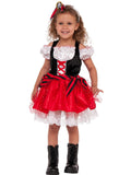 Girl wearing a sweet pirate dress with laced black vest bodice, puffed sleeves, red glitter skirt and skull bow headband