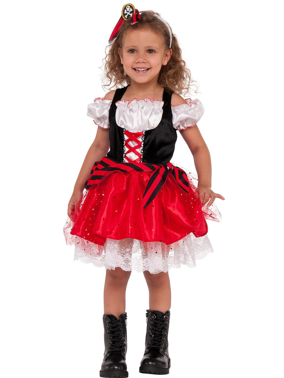 Girl wearing a sweet pirate dress with laced black vest bodice, puffed sleeves, red glitter skirt and skull bow headband