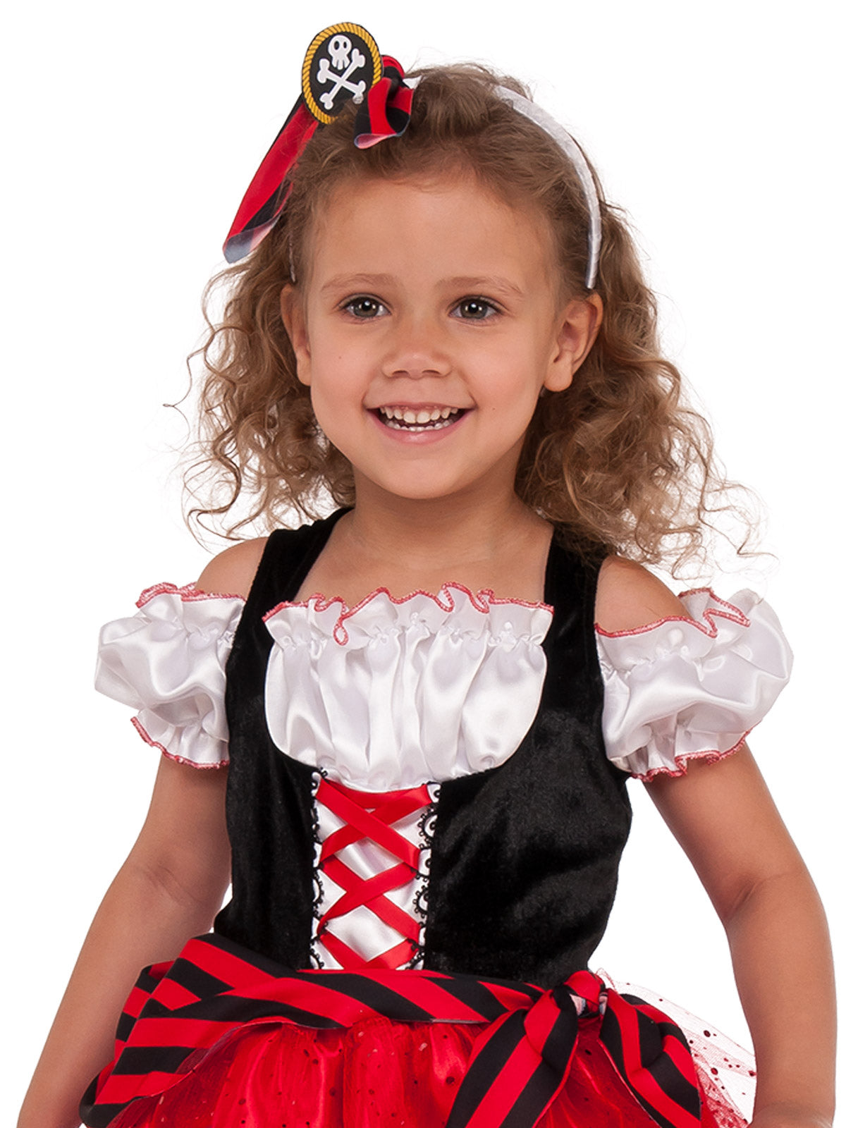 Close-up of the sweet pirate off-shoulder puffed sleeves and striped bow headband with skull pendant