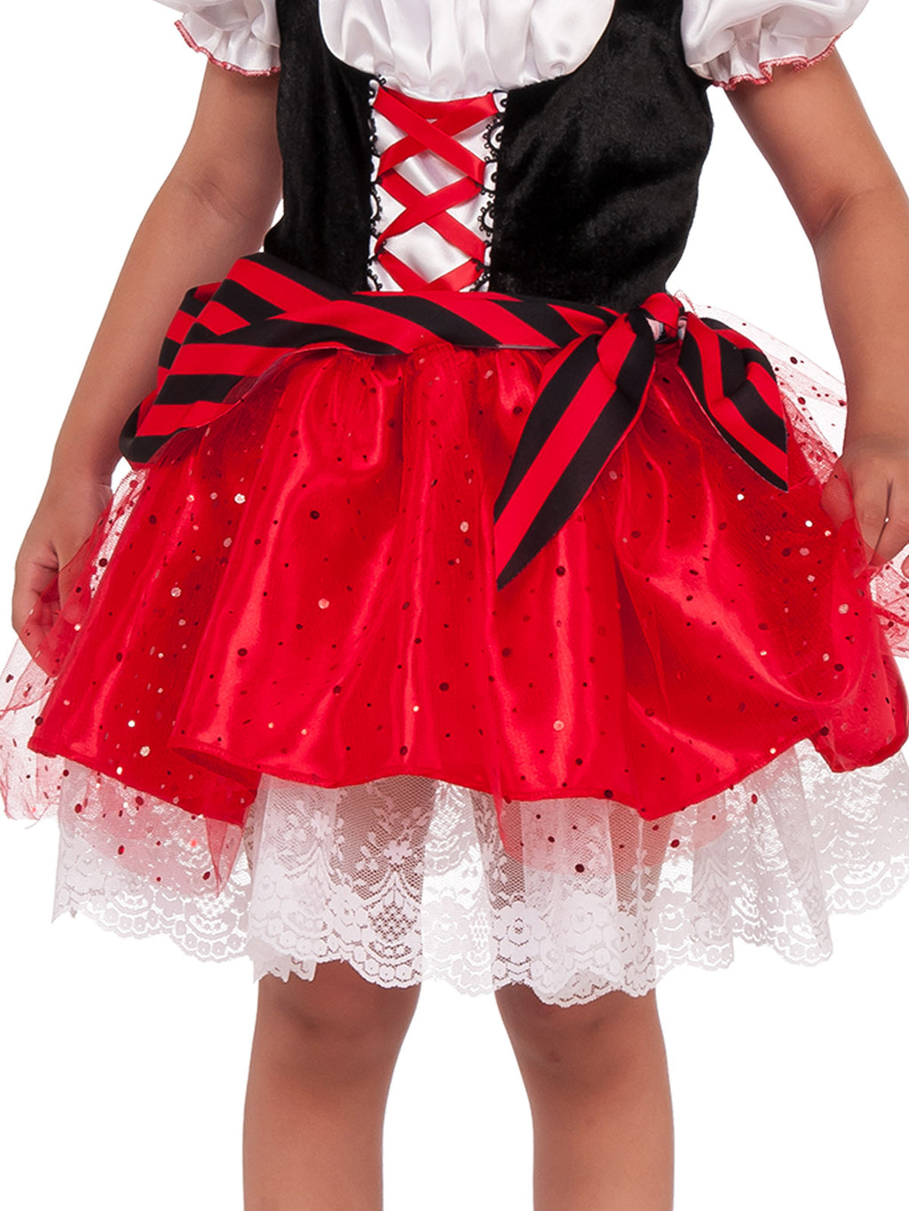 Close-up of the sweet pirate dress's striped peplum knot, red satin skirt and lace underlay