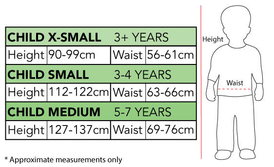 Size chart for the Sweet Pirate Costume, Child