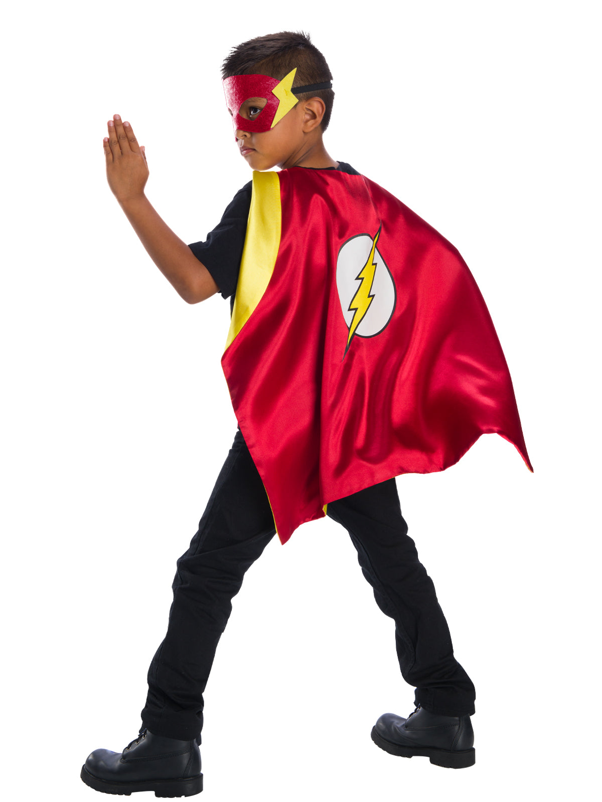 Boy wearing the red Flash cape with lightning logo and red eyemask
