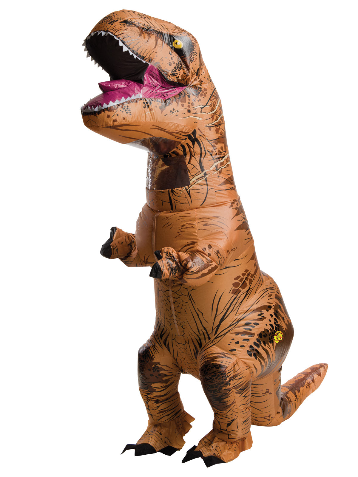 Full-body inflatable T-Rex costume with open jaws and clawed hands