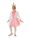 Girl wearing a pink unicorn princess dress with fluffy white sleeves, glittery tutu skirt and gold horn headpiece