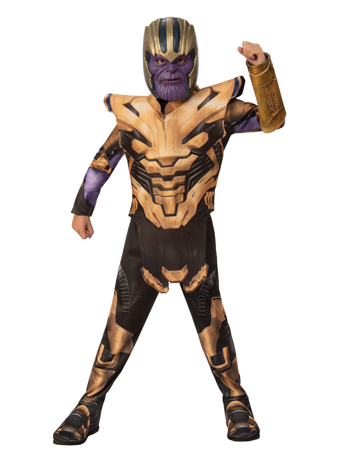 Child in a Thanos jumpsuit with gold armour-print tabard, attached gauntlet, shoe covers and purple moulded mask