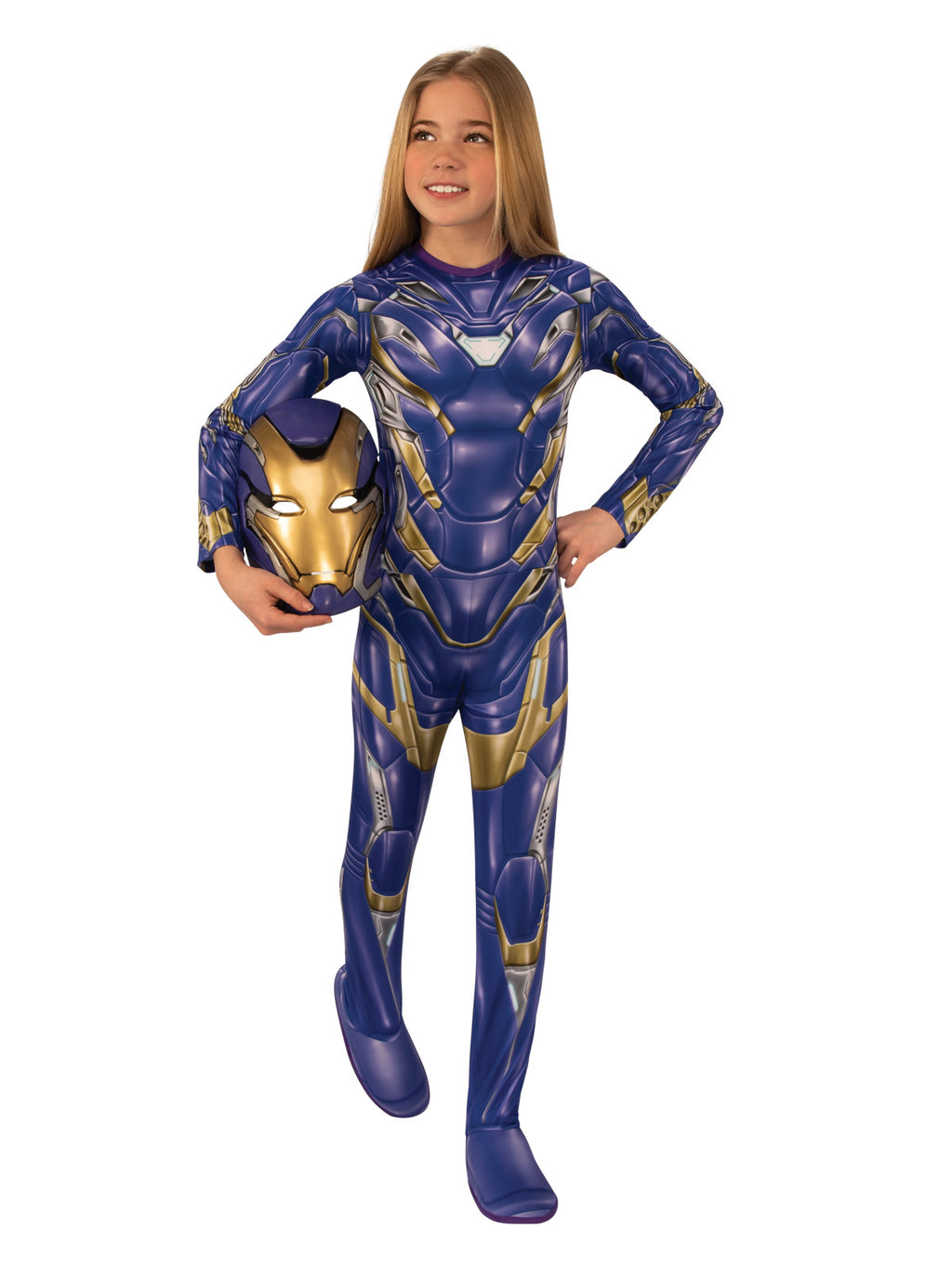 Girl wearing a blue and gold Rescue armour-print jumpsuit, holding the moulded Rescue mask