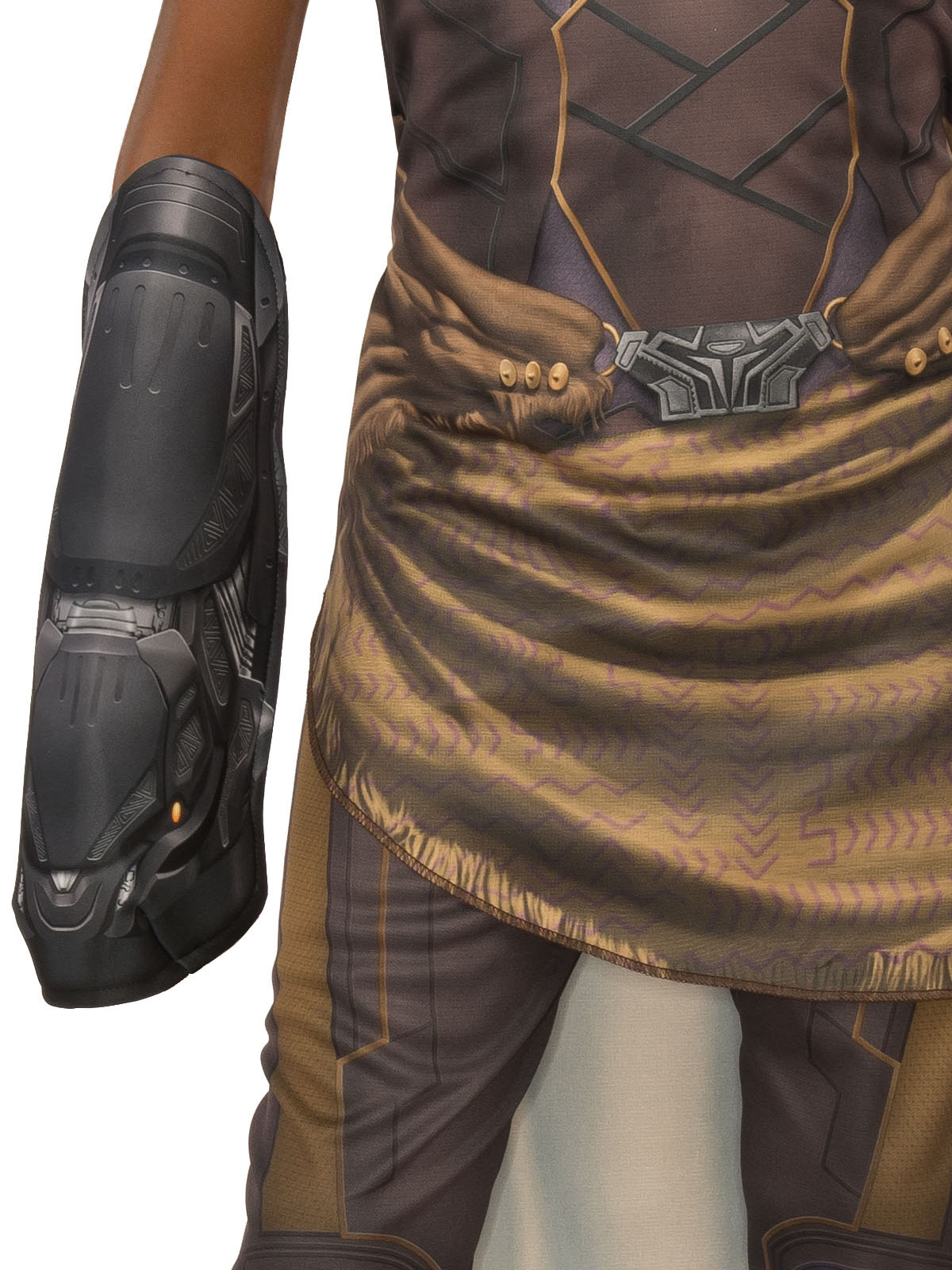 Close-up of the Shuri tunic's draped gold sash and foam-backed knuckle buster