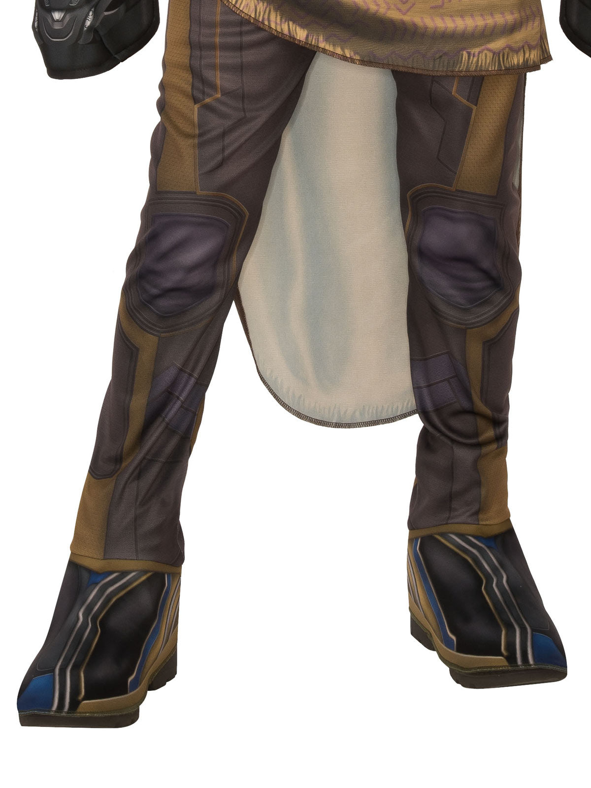 Close-up of the Shuri pants with printed detail and attached boot tops