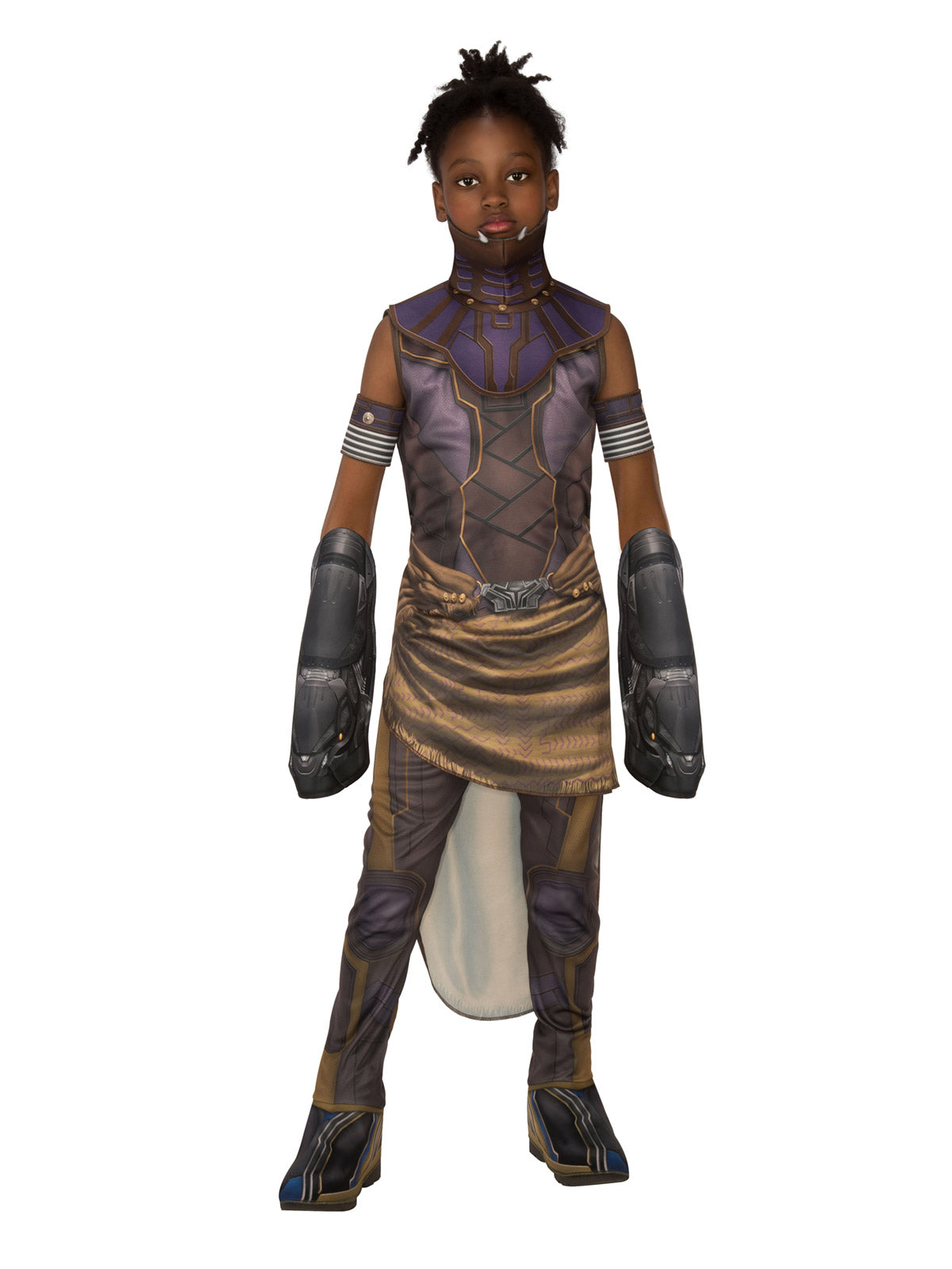 Girl wearing a Shuri costume with printed tunic and sash, boot-top pants, collar, arm cuffs and knuckle busters