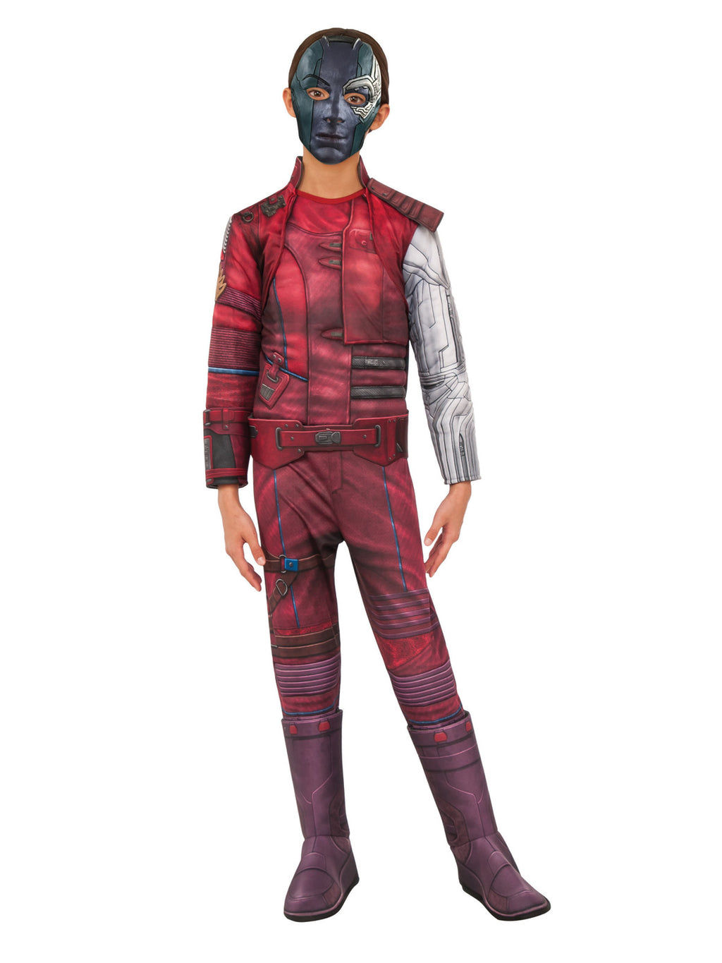 Girl in the Marvel Nebula Deluxe jumpsuit in red with a silver arm print, stand-up collar, boot tops and mask