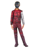 Girl in the Marvel Nebula Deluxe jumpsuit in red with a silver arm print, stand-up collar, boot tops and mask