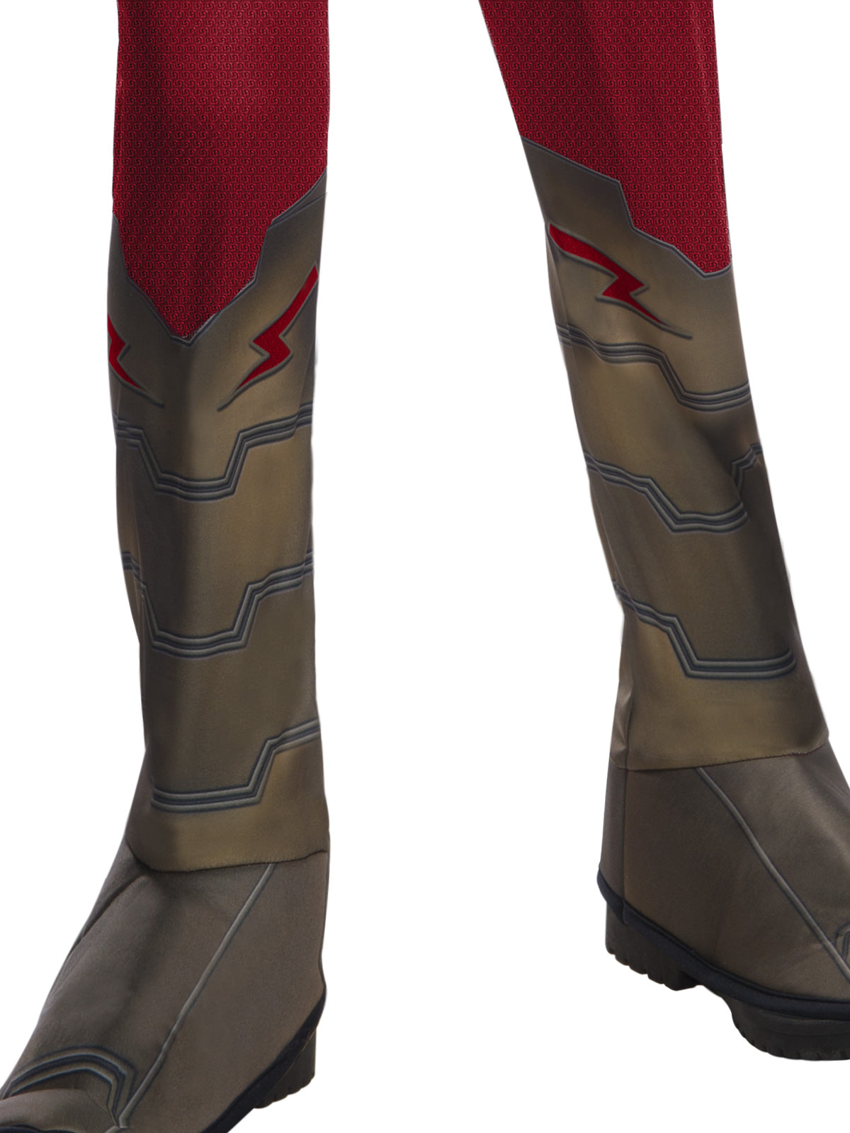 Close-up of the Shazam jumpsuit's attached gold shoe covers with red lightning detail