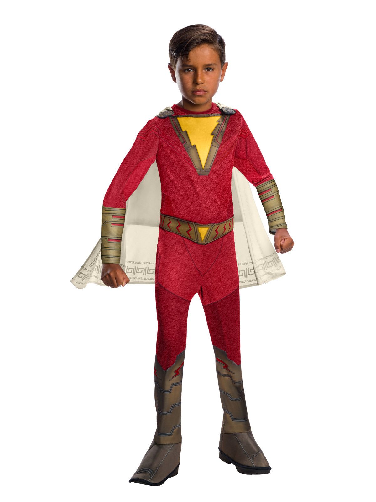 Boy in the red Shazam classic jumpsuit with yellow lightning bolt, printed gauntlets, belt and white cape