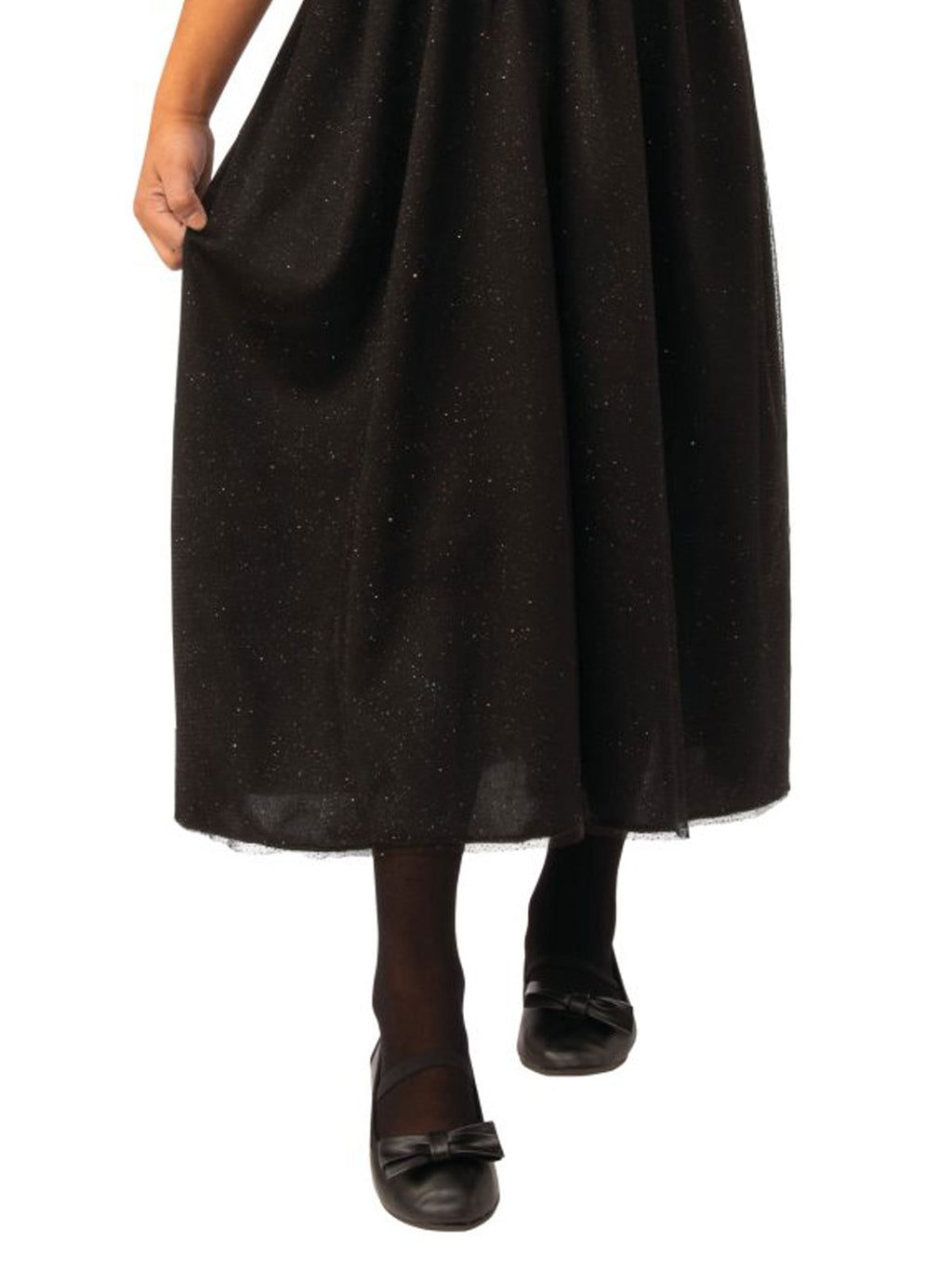 Close-up of the black witch dress's long glittery black skirt