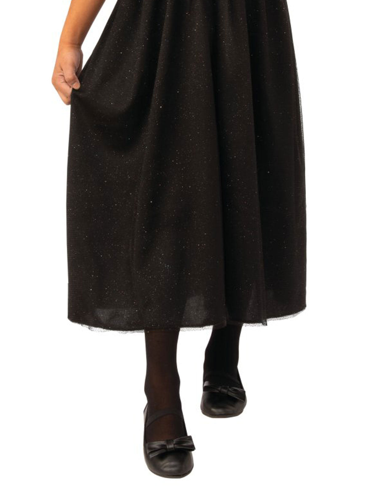 Close-up of the black witch dress's long glittery black skirt