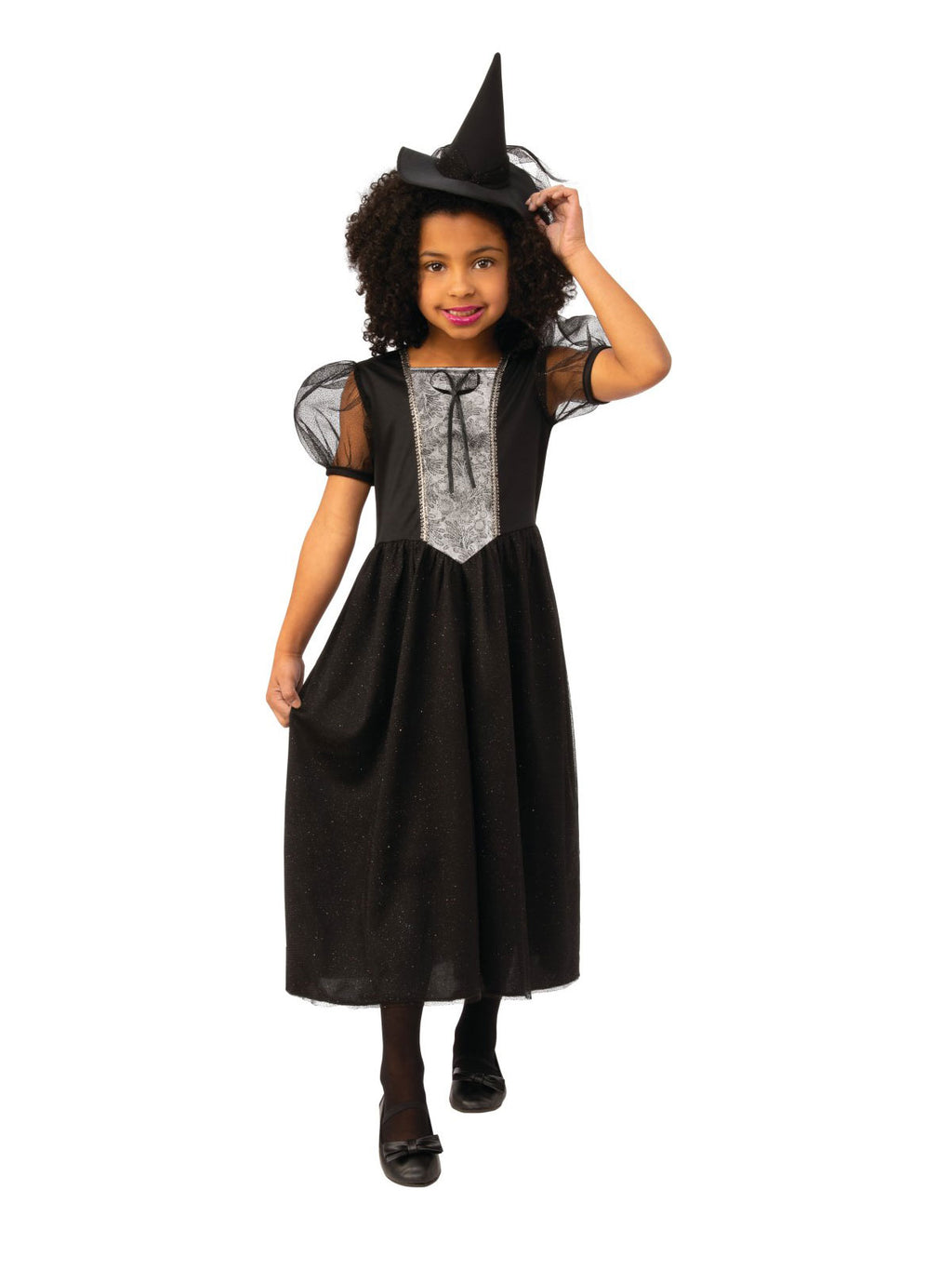 Girl in black witch dress with silver patterned bodice, sheer puff sleeves and mini witch hat
