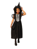 Girl in black witch dress with silver patterned bodice, sheer puff sleeves and mini witch hat