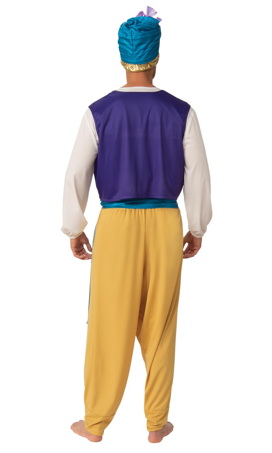 Back view of a man wearing a Sultan Arabian Prince costume with a purple vest, blue sash, turban hat, and yellow pants.