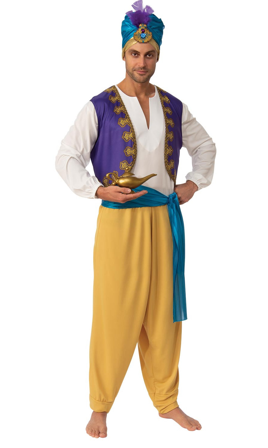 A man wearing a Sultan Arabian Prince costume with a purple vest, blue sash, turban hat, and yellow pants.