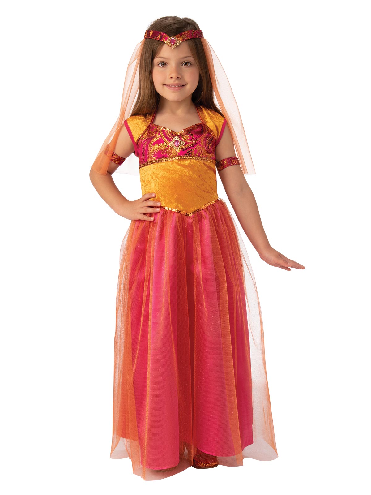 Girl in long pink and orange Bollywood dress with gold sequin bodice and jewelled veil headpiece