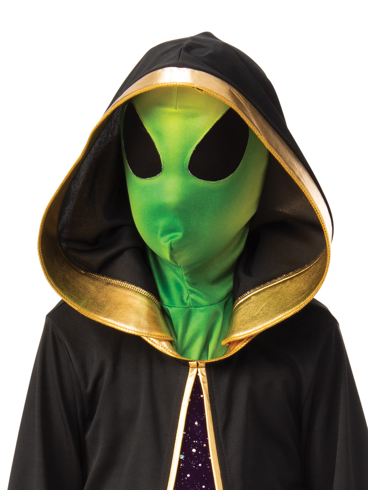 Close-up of the alien green fabric mask with large black mesh eyes inside the gold-trimmed hood