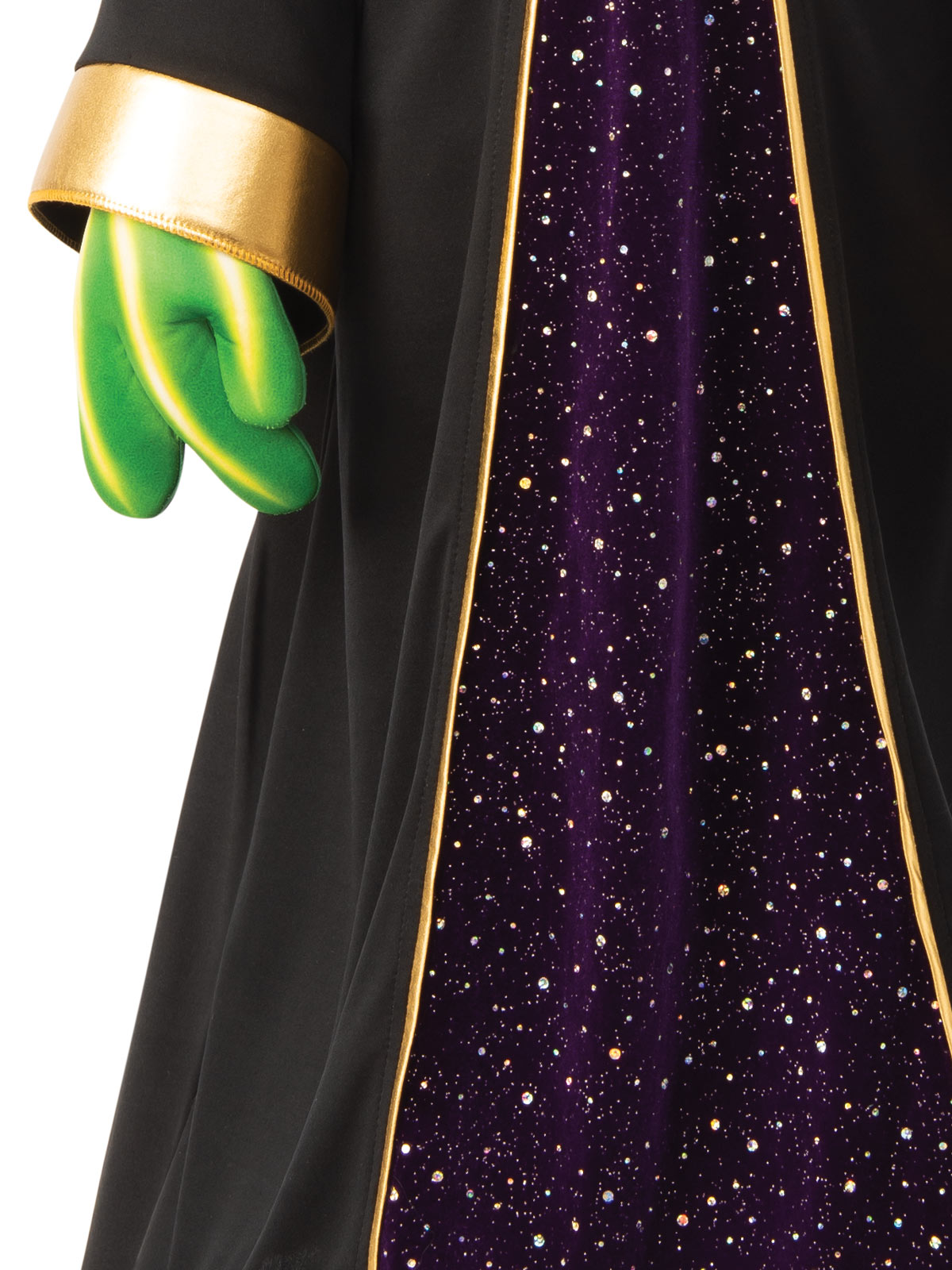 Close-up of the alien robe's glittery purple star panel and green 3D foam glove