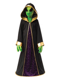 Child in an alien costume with long black hooded robe, gold trim, starry purple panel, green alien mask and 3-finger gloves