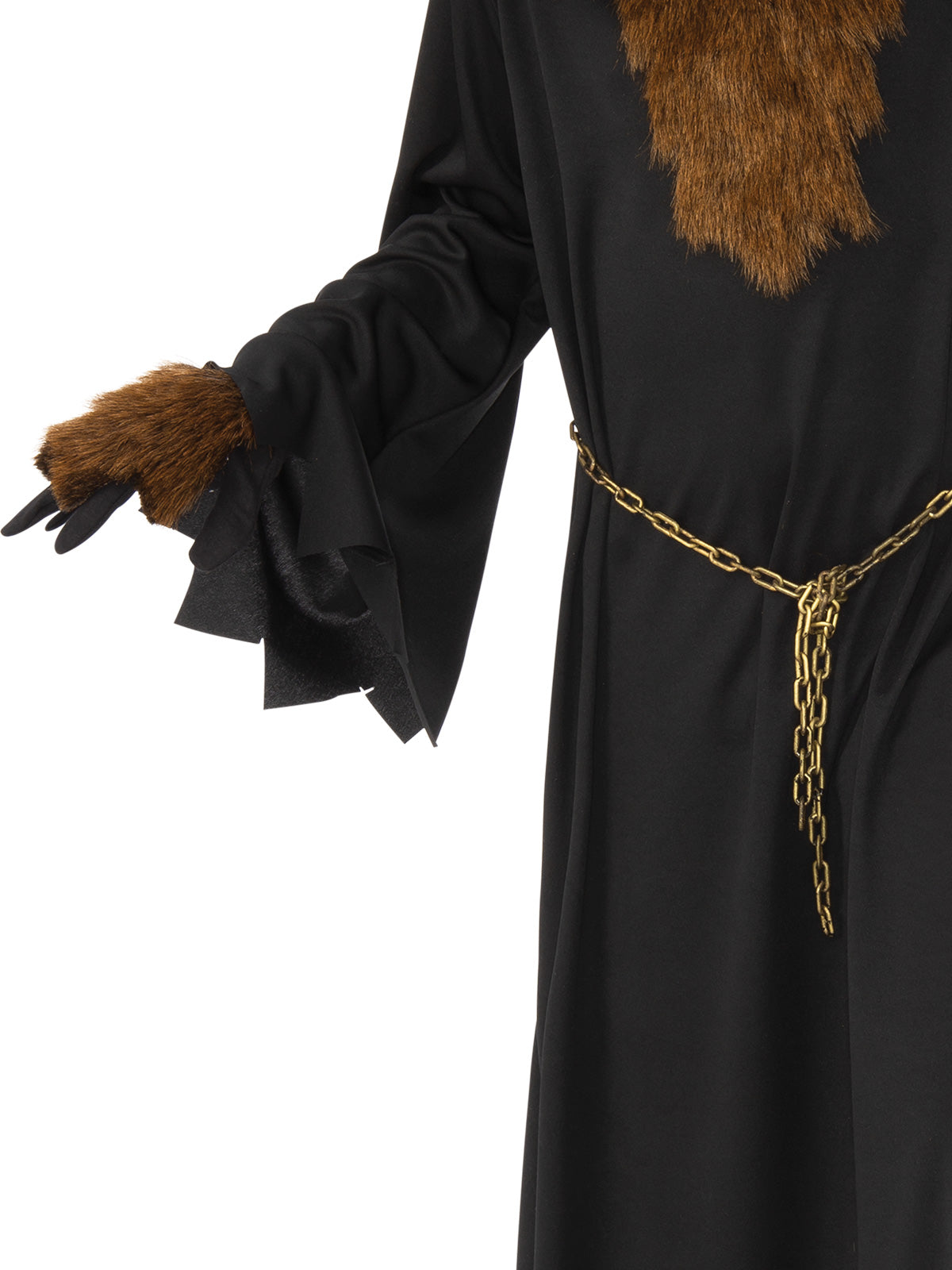 Close-up of the evil insect robe's tattered sleeve, furry glove and chain belt