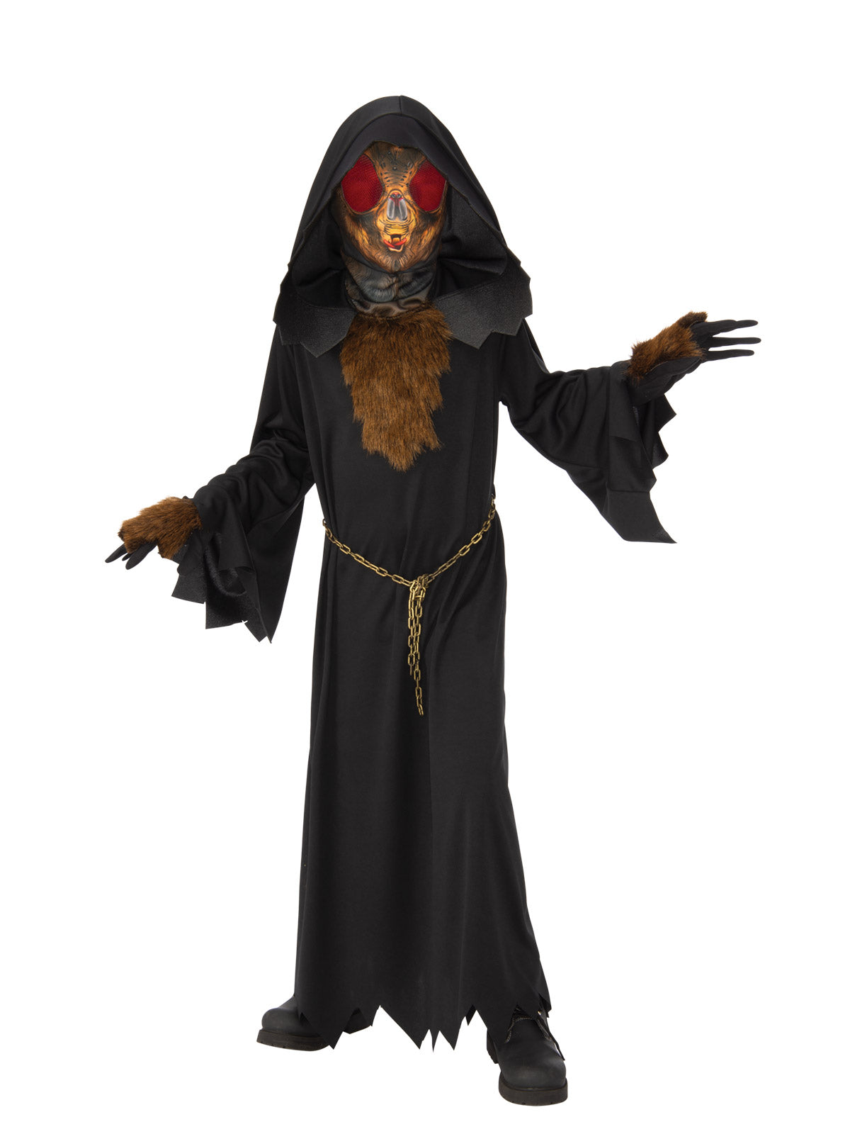 Child in black hooded insect robe with red bug-eye mask, chain belt and furry gloves