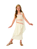 Girl wearing a cream Roman dress with draped bias-cut skirt, printed belt and gold glitter headband