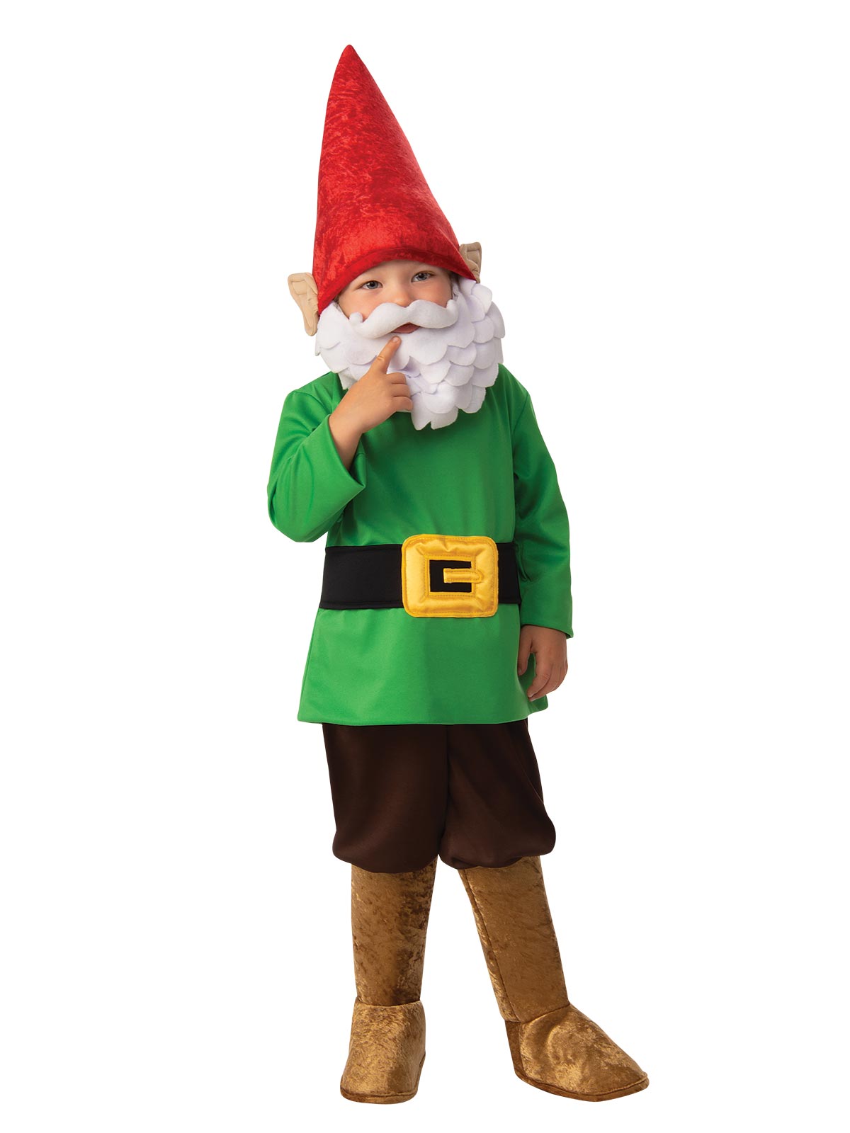 Boy in the Garden Gnome costume with a tall red hat, white beard, green shirt, gold buckle belt and boot covers