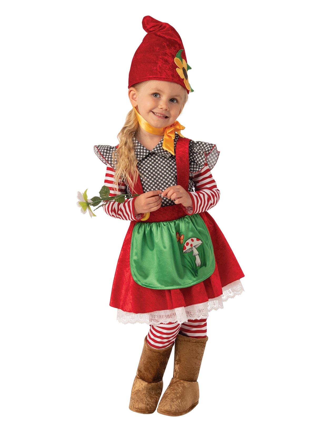 Girl in the Garden Gnome costume with a red hat, green apron, striped sleeves and leggings, and velour boot tops