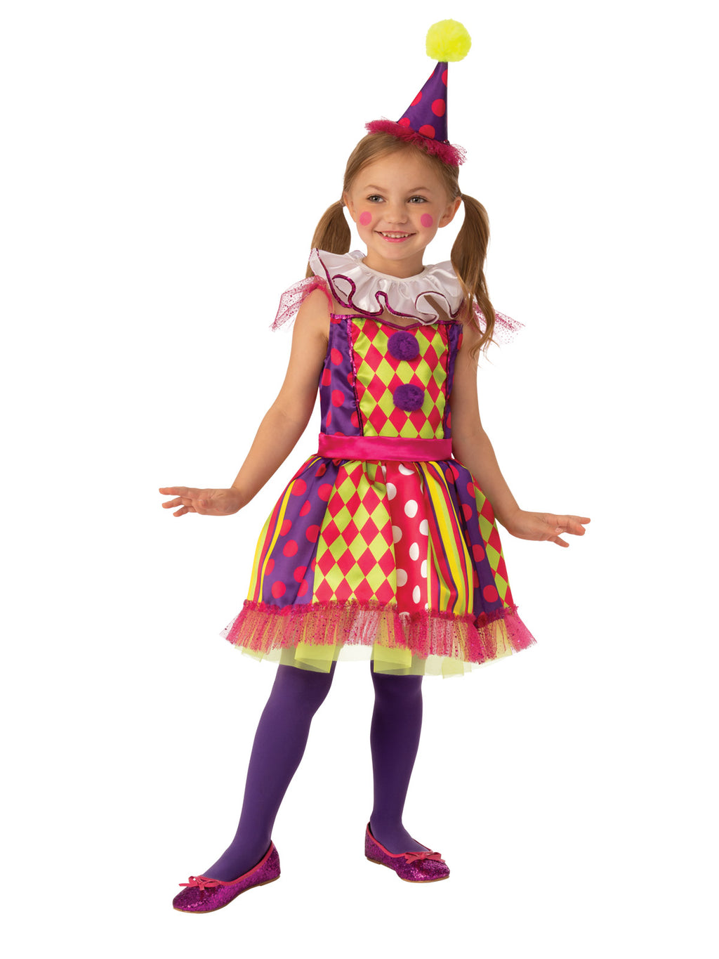 Girl in bright clown dress with harlequin print, glitter tulle hem, neck ruffle and mini clown hat