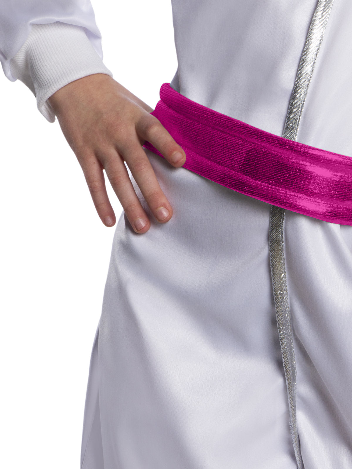 Close-up of the Barbie astronaut jumpsuit's shiny pink belt and silver piping