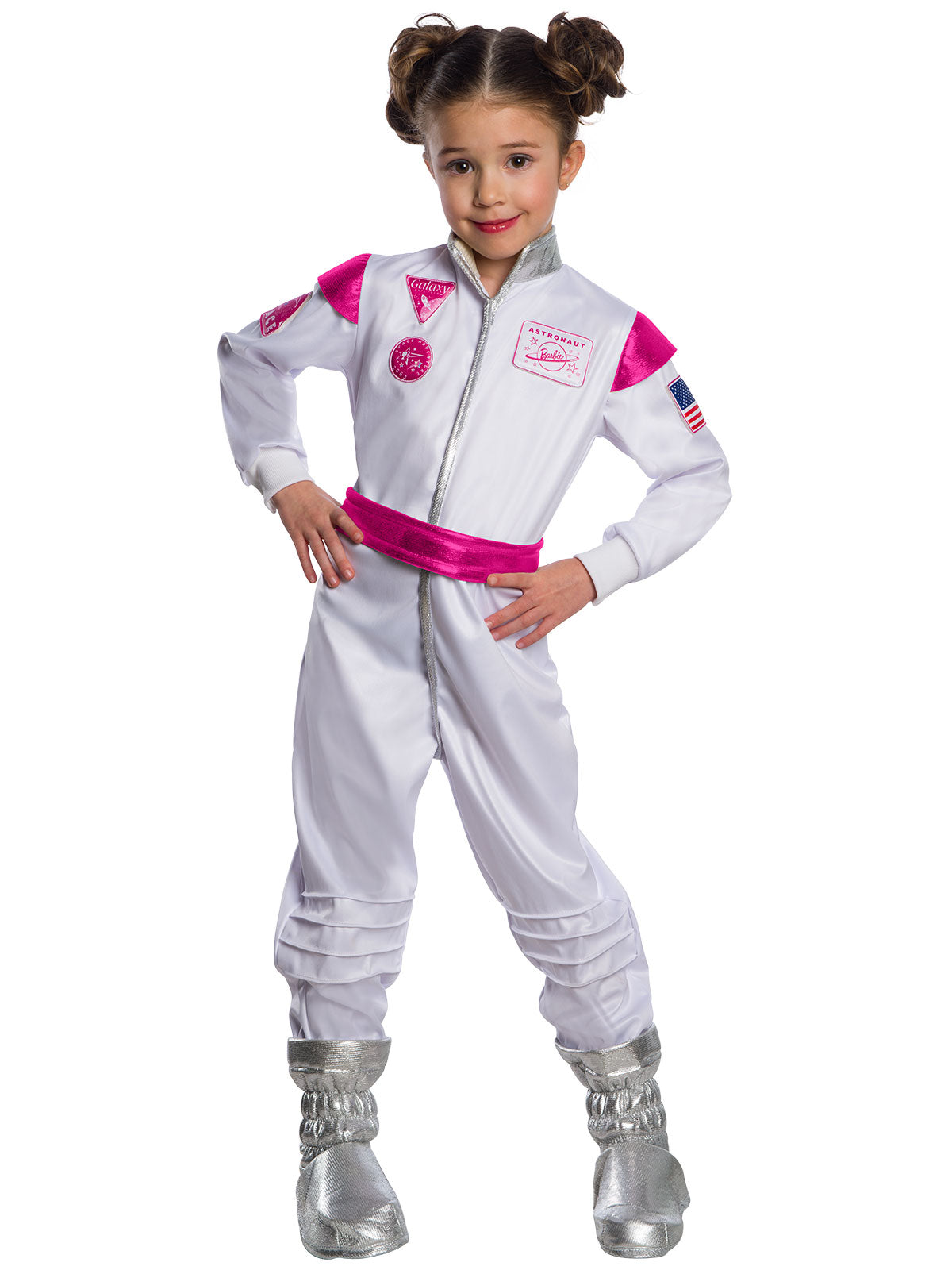 Girl in white Barbie astronaut jumpsuit with pink shoulders, pink belt and silver moon boot tops