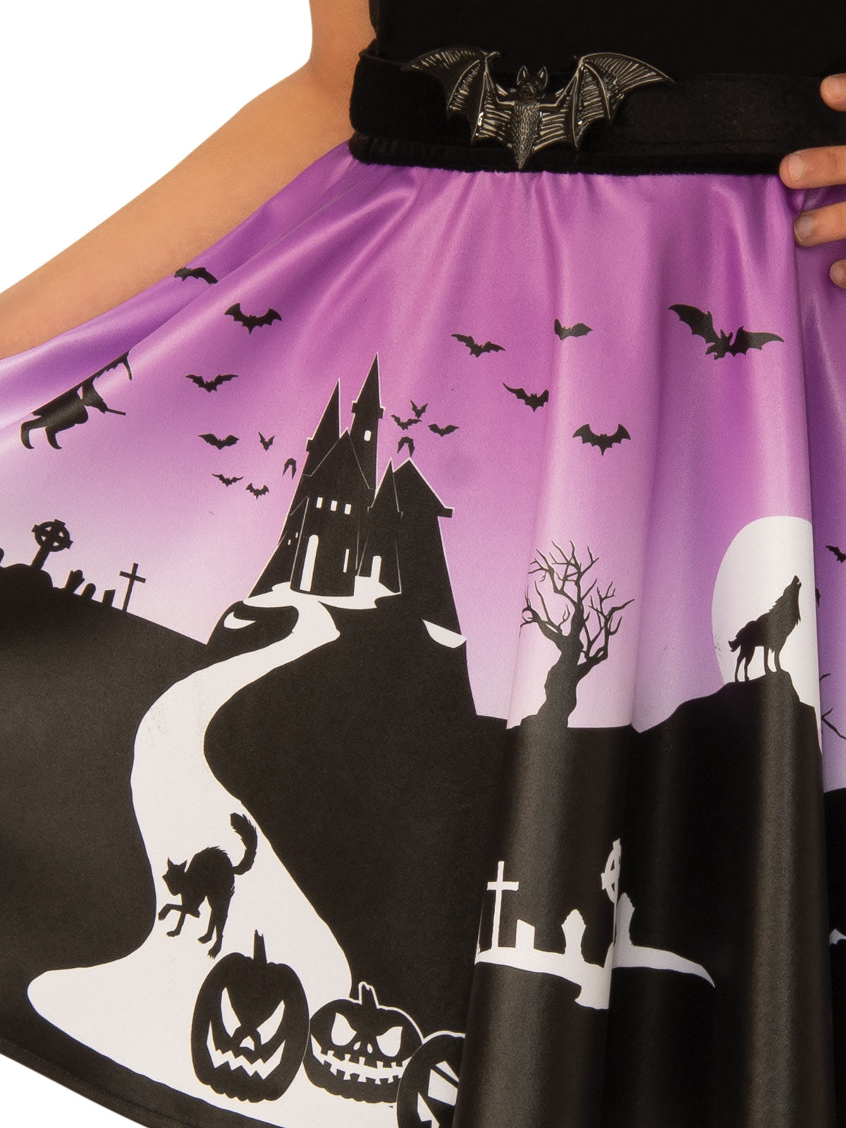 Close-up of the Haunted House skirt print with a castle, bats, pumpkins and a black cat