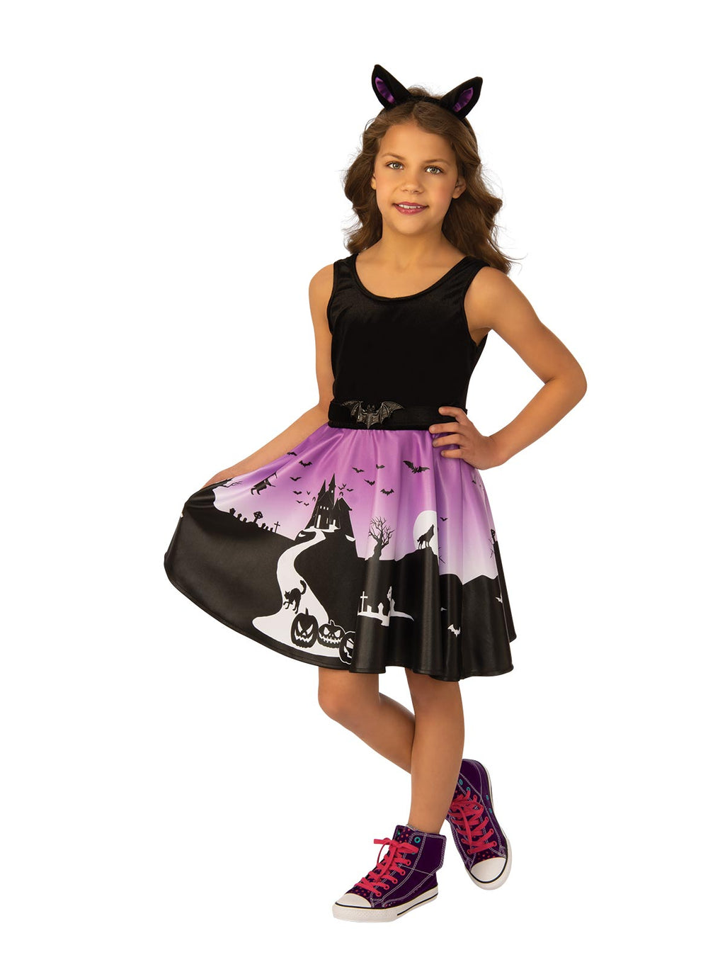 Girl in the Haunted House dress with a black bodice, purple haunted house print skirt and cat ear headband