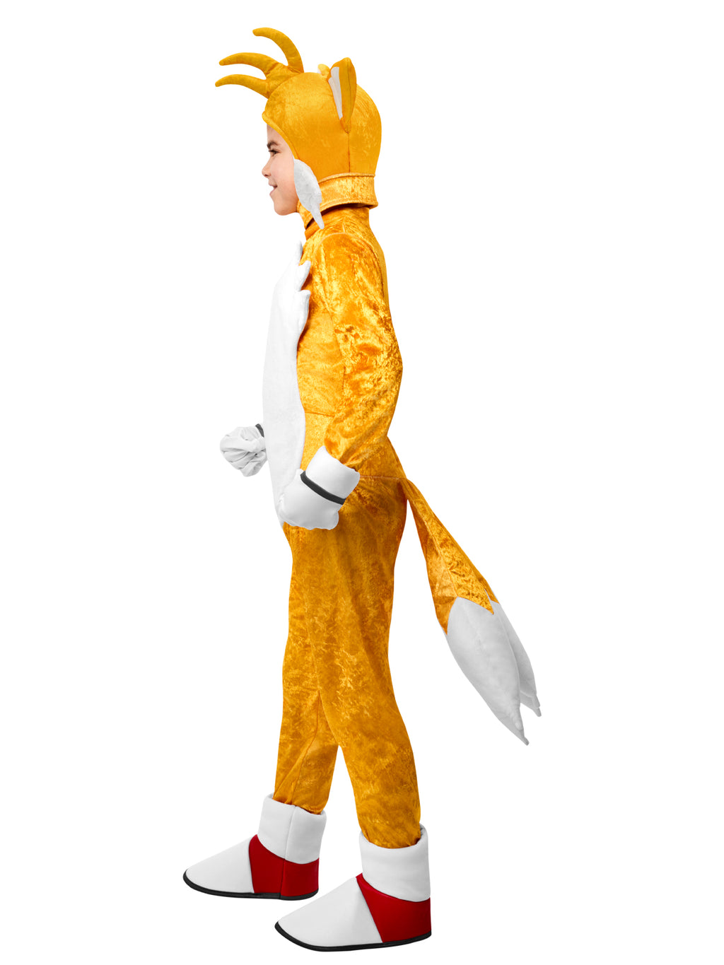 Side view of the Tails costume showing the fibre-filled twin tail and plush fox headpiece