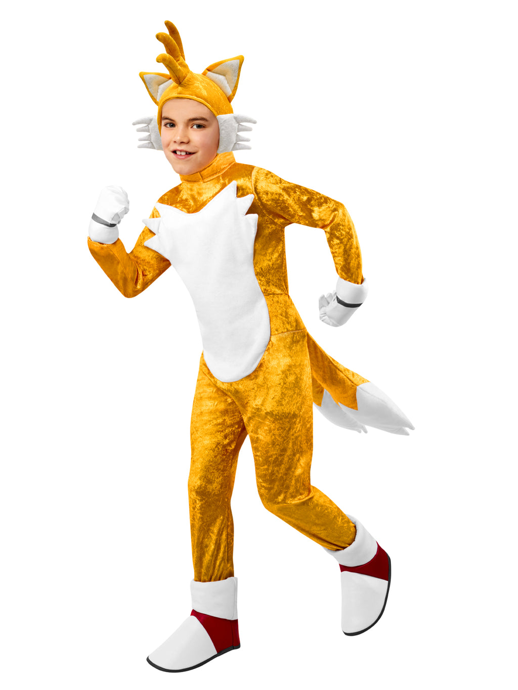 Child in a yellow Tails jumpsuit with white foam chest, padded cuffs, twin tails, boot tops and plush fox headpiece