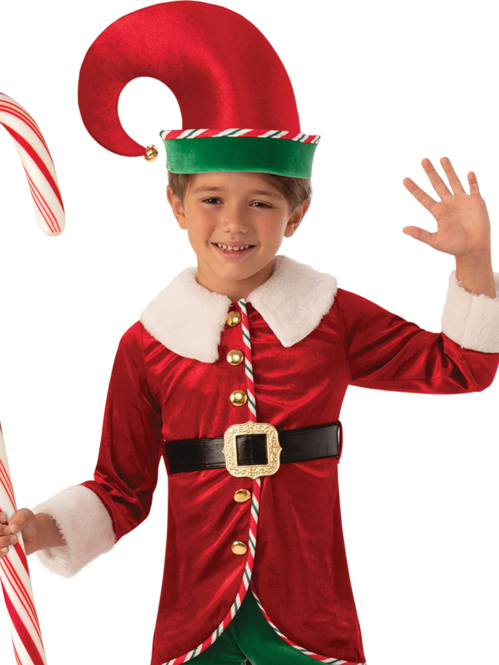 Close-up of the elf costume's satin bell hat, fur collar and gold buckle belt