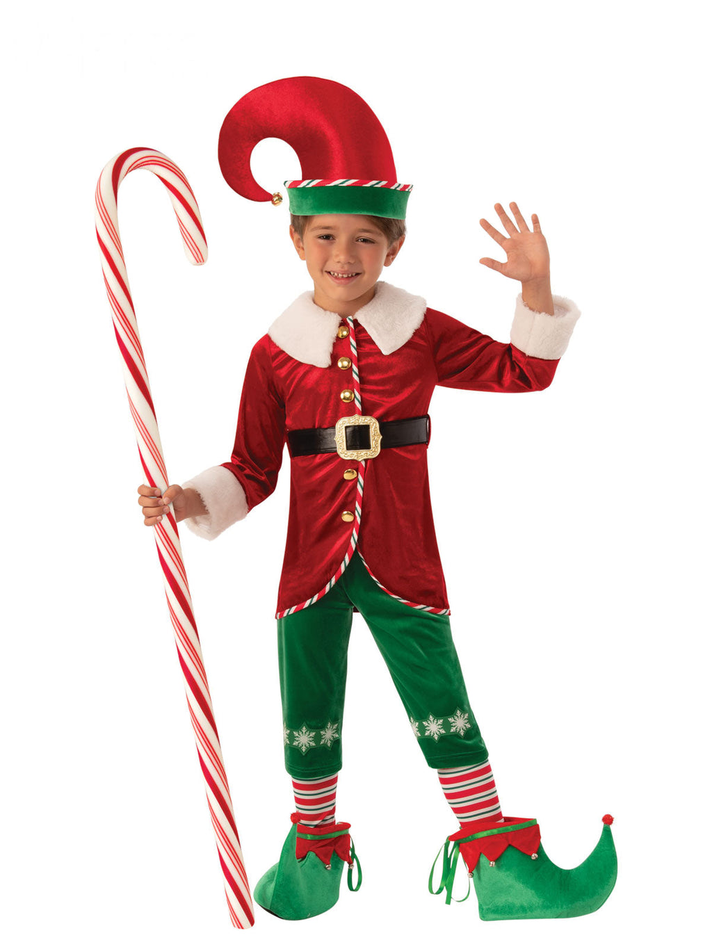 Boy in a Christmas elf costume with fur-trimmed red tunic, green pants and bell hat (candy cane and elf shoes not included)